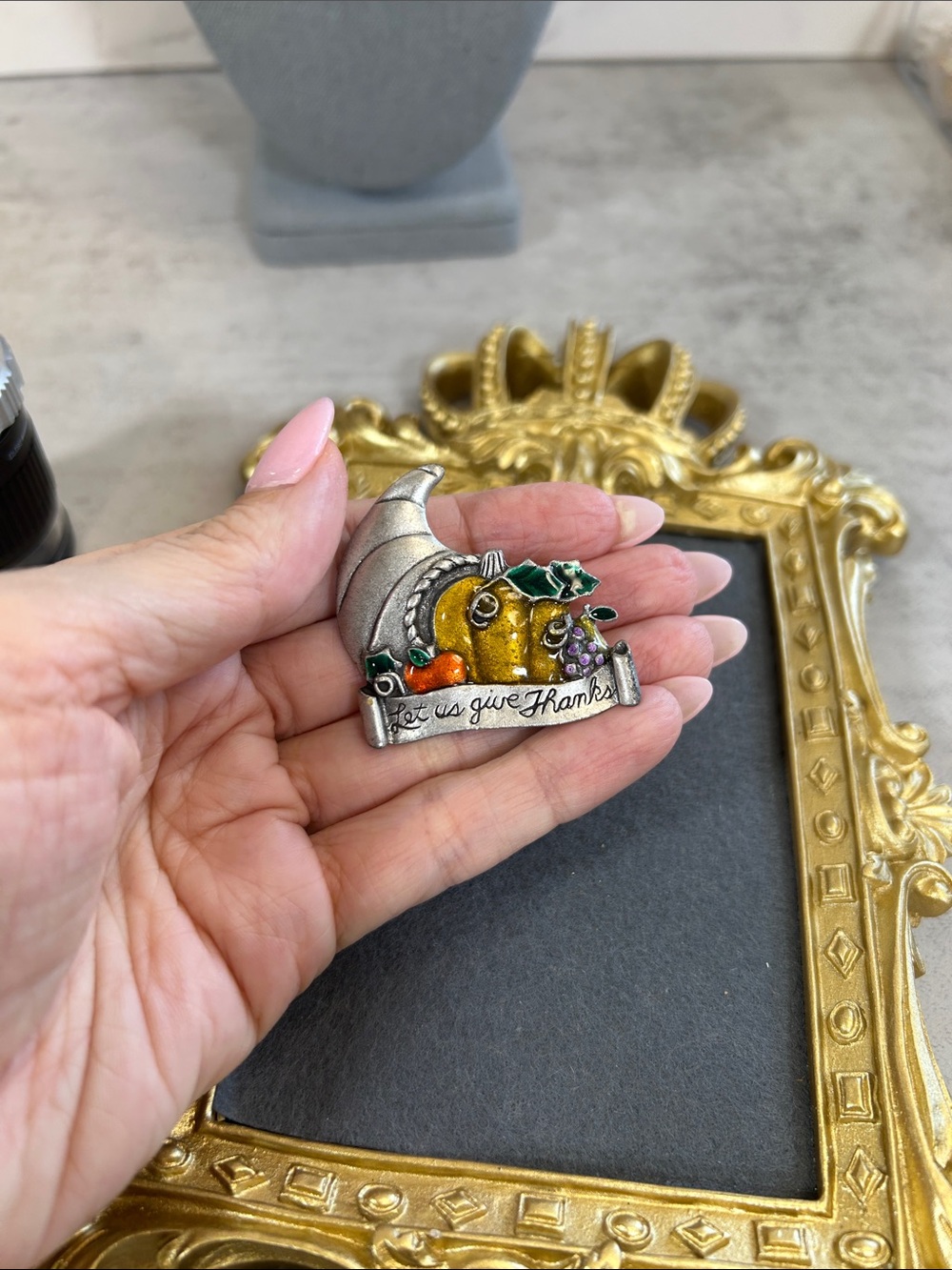 Vintage Cornucopia Thanksgiving Pin - Gold & Silver Tone